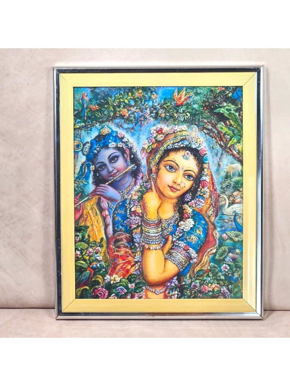 Vintage Radhe Krishna Framed  Print Picture Hindu Devotional Spiritual Wall Art